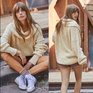 Free People Women's Leo Tunic Ribbed Yellow Confetti Sweater Cowl Oversized Sz S